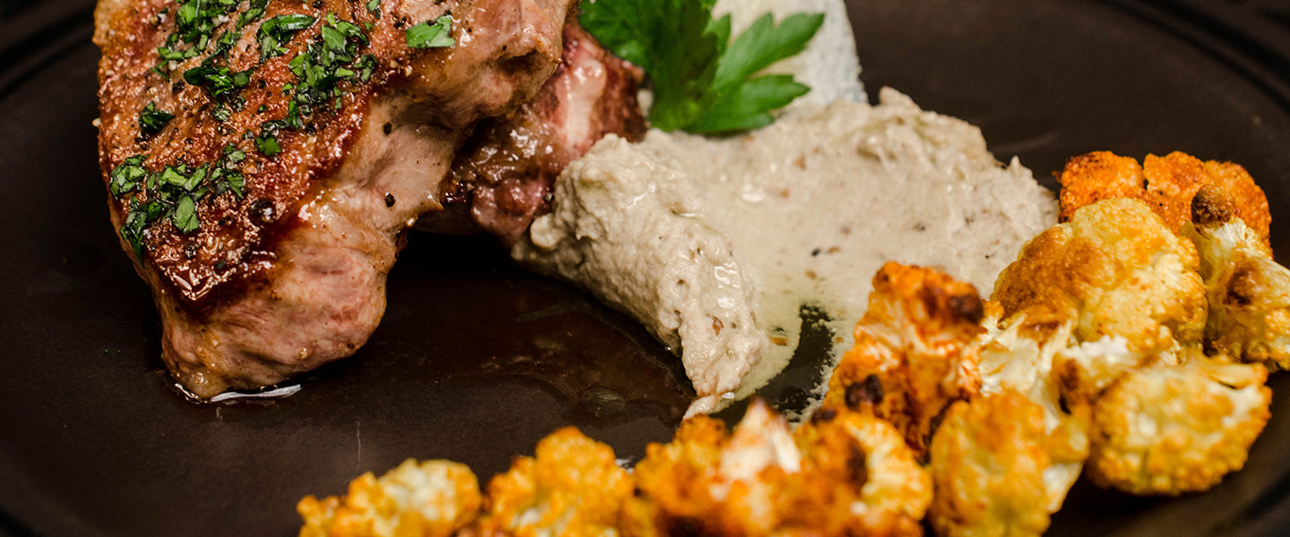 Pan Seared Lamb w/ Baba Ghanoush and Cauliflower Popcorn