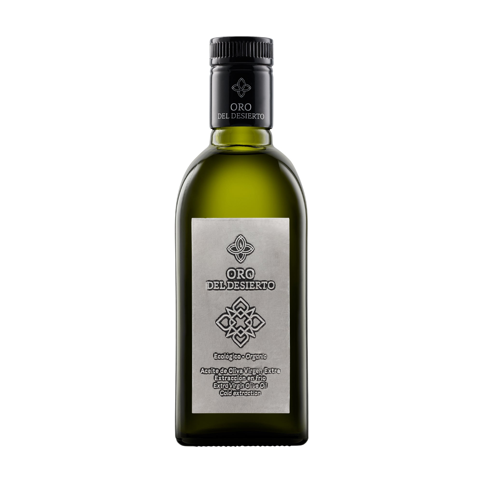 Oro del Desierto Coupage organic extra virgin olive oil bottle, 500 ml, medium-robust, from Andalusia, Spain.