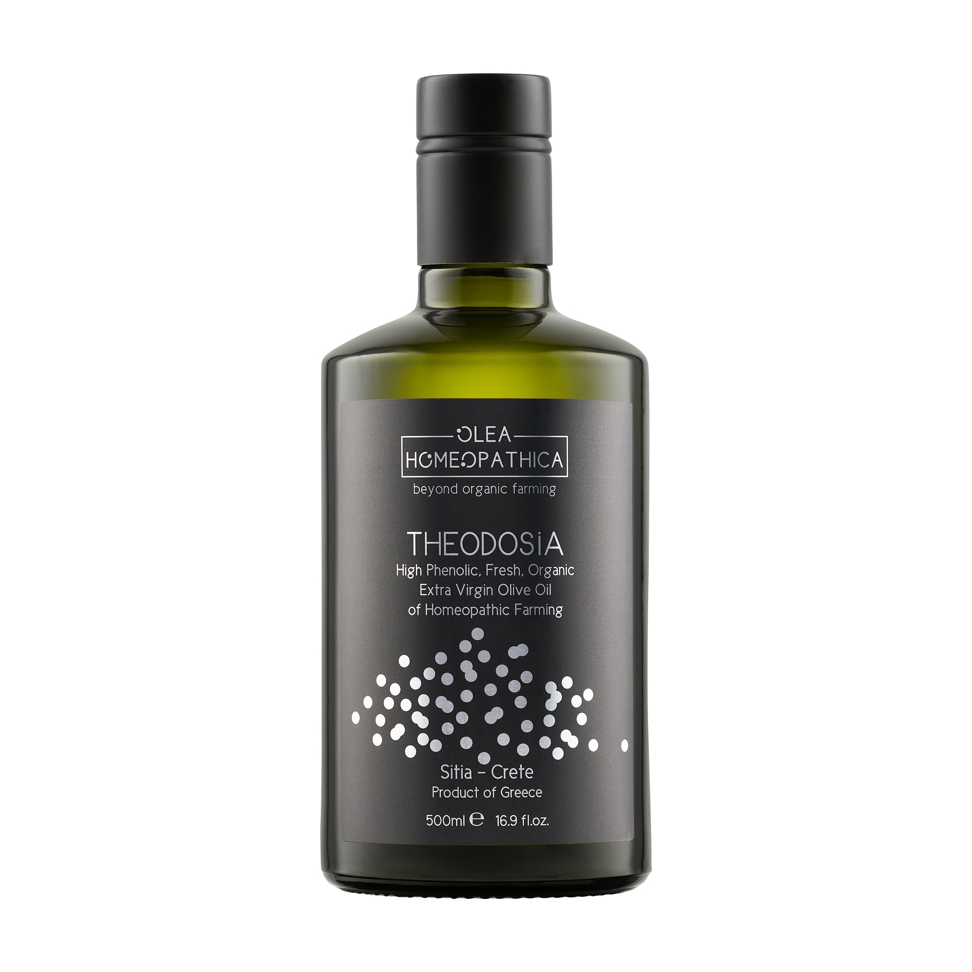 A bottle of Theodosia Homeopathic Koroneiki extra virgin olive oil with a black label.