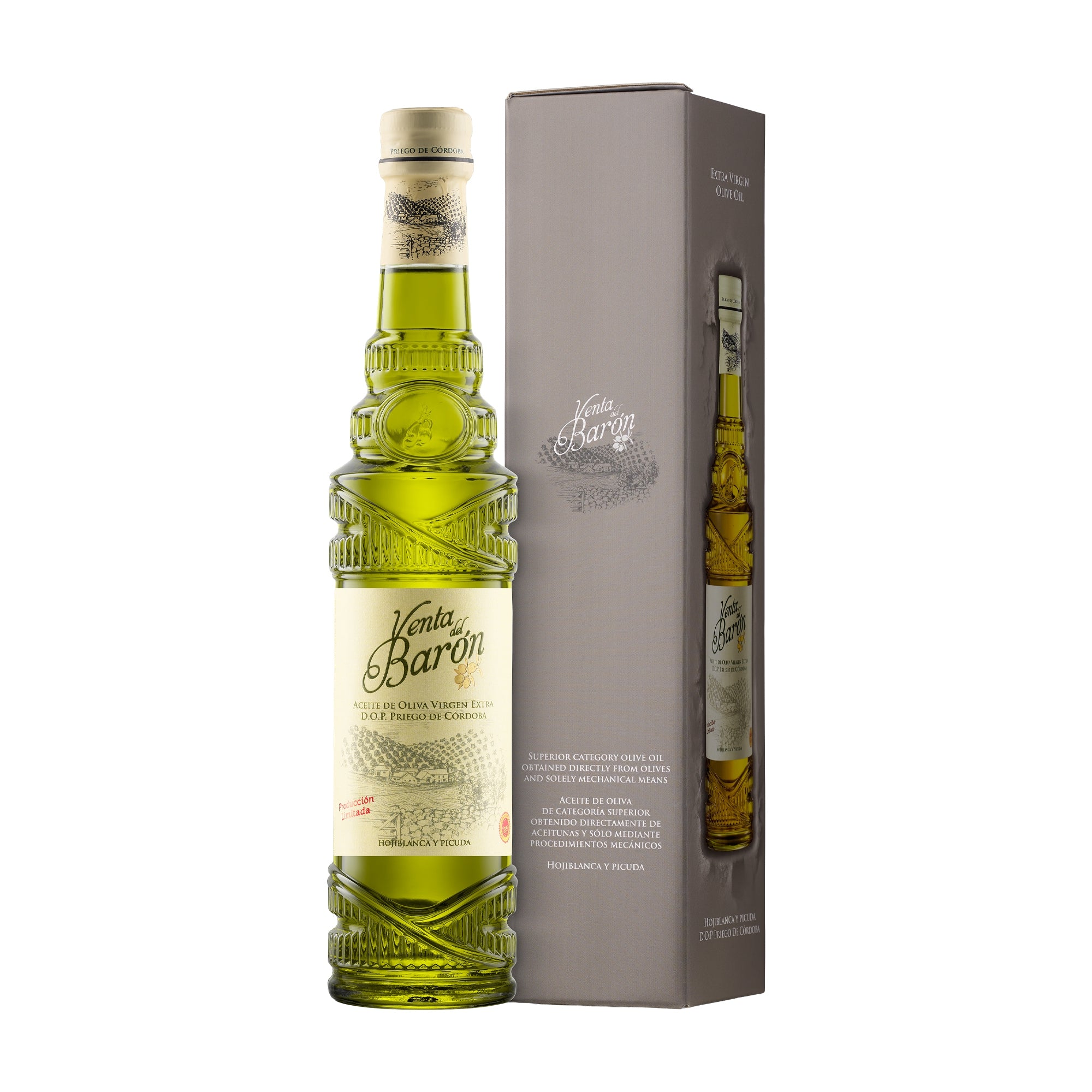 Award-winning Venta del Baron extra virgin olive oil, 500 ml bottle with an elegant gift box. Premium Spanish DOP Priego de Córdoba.
